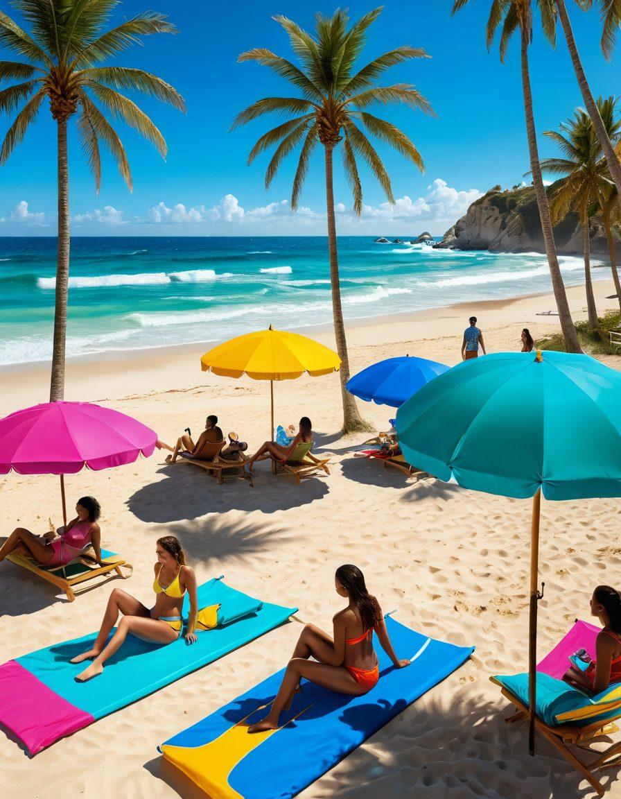 A lively beach scene showcasing diverse individuals in stylish yet functional beachwear, engaging in various outdoor activities like surfing, beach volleyball, and sunbathing. The backdrop features a bright sun shining over golden sands and turquoise waves, with beach umbrellas and palm trees adding to the tropical vibe. Emphasize vibrant colors that reflect both fashion and practicality. super-realistic. vibrant colors. 3D.
